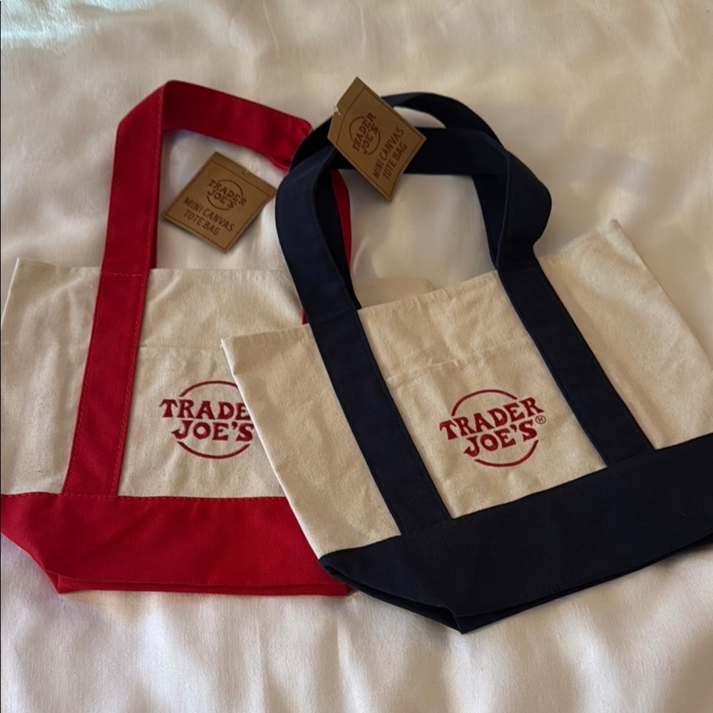 Trader Joe's Mini Canvas Tote Bags - Red and Navy Handles Set of 2